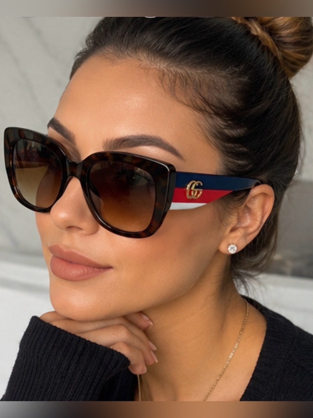NEW GG0276S 002 HAVANA Gucci Striped Shield Sunglasses - Navy, Red, Cream, Gold